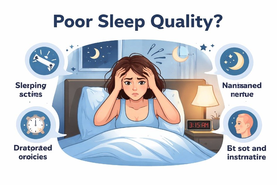 Frustrated woman awake at night, struggling with poor sleep quality