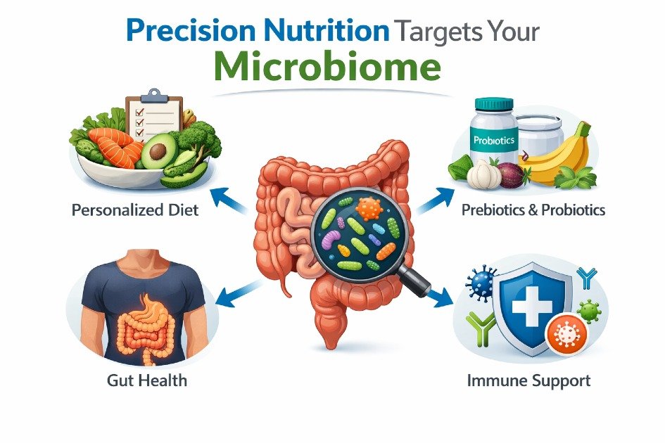 Precision nutrition plan highlighting gut microbiome health with personalized diet.