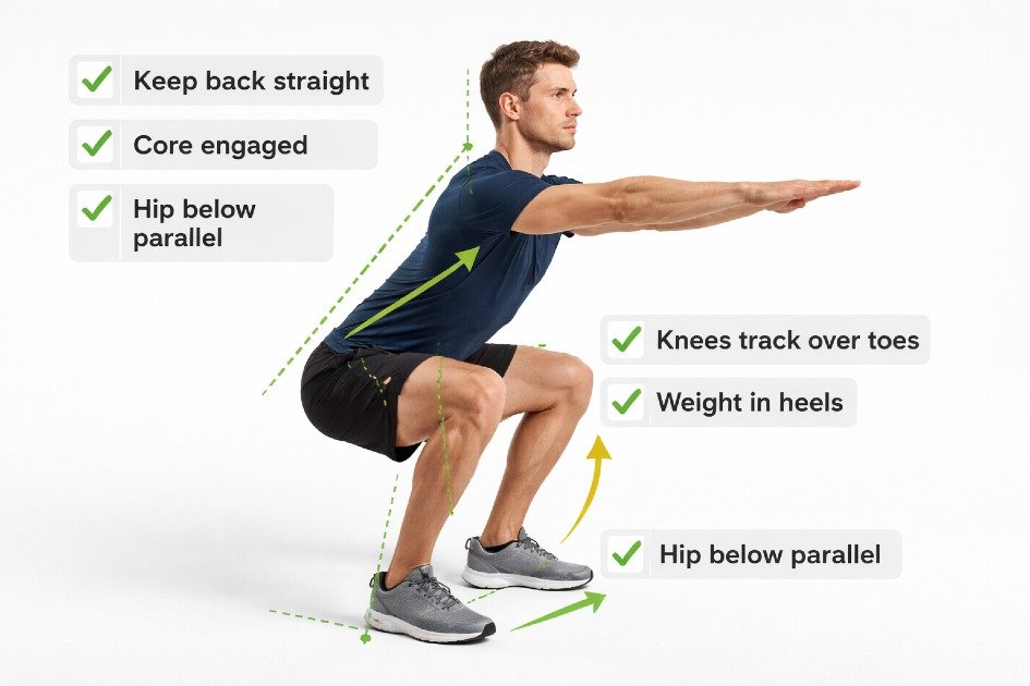Person performing a squat with perfect form, emphasizing correct posture and alignment for safe exercise.
