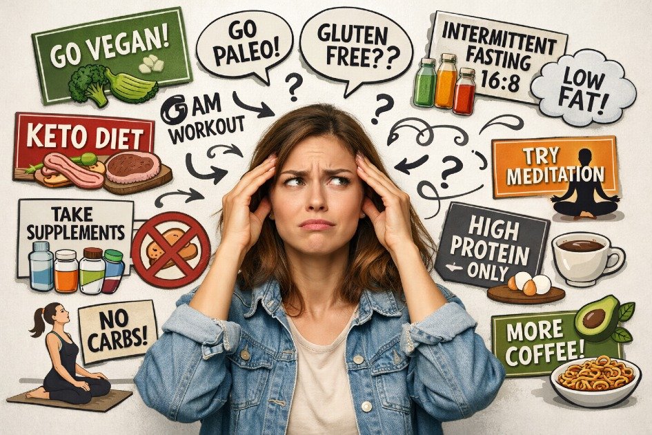 A confused woman surrounded by conflicting wellness advice, highlighting the confusion in modern health trends.