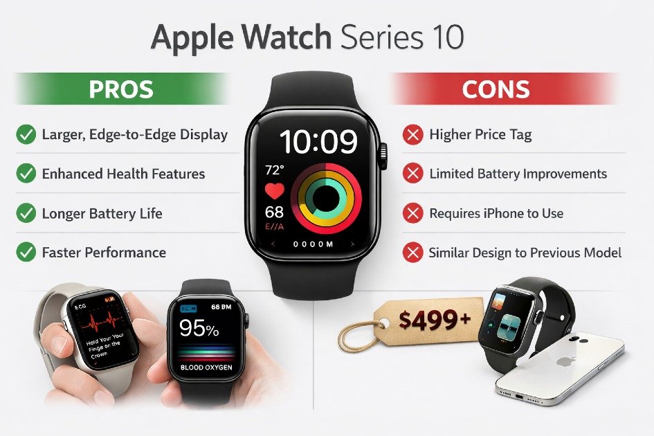 Pros and cons of Apple Watch Series 10 showing its advanced health tracking, sleek design, and smartwatch features