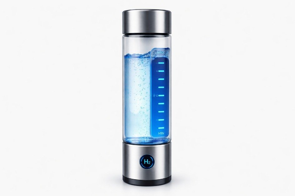 Hydrogen water bottle on a kitchen counter showing benefits and drawbacks of hydrogen-infused water.