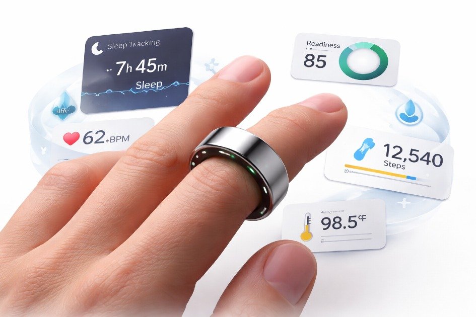 Oura Ring 4 smart ring on a finger showing health tracking features