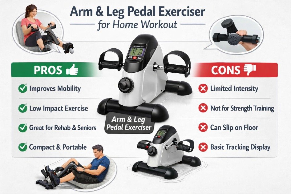 Arm and leg pedal exerciser used for low-impact home workouts, highlighting its key benefits and limitations for daily fitness
