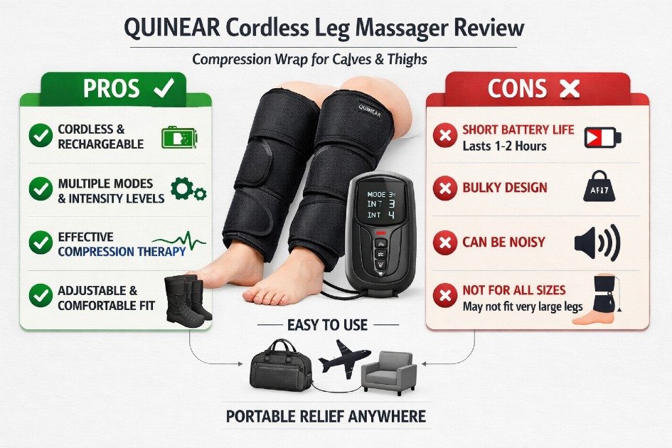 Compression wrap QUINEAR cordless leg massager designed for calves and thighs, highlighting the pros and cons of this portable deep compression therapy device.