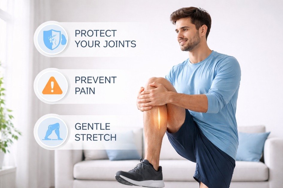 Person performing a gentle knee stretch to protect joints and prevent pain