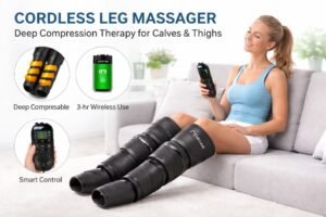 QUINEAR cordless leg massager providing deep compression therapy for calves and thighs
