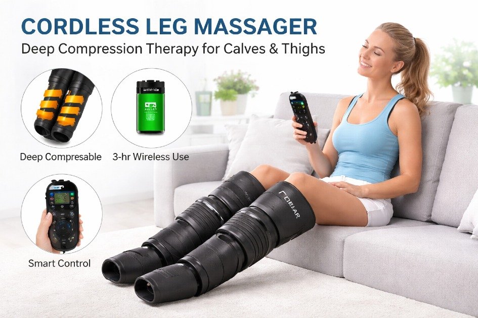 QUINEAR cordless leg massager providing deep compression therapy for calves and thighs