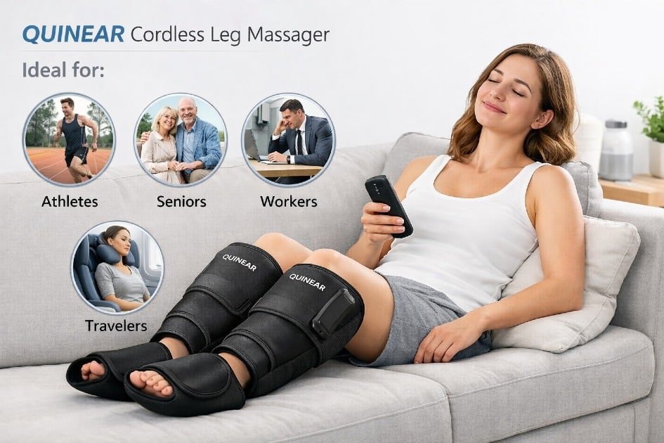 QUINEAR Cordless Leg Massager being used by a person for muscle relaxation and improved circulation