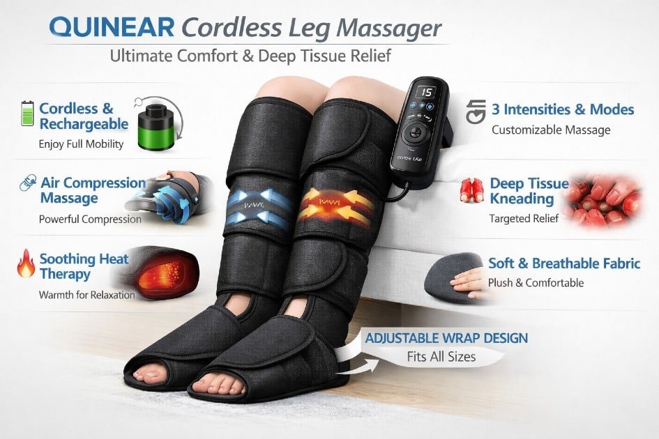 QUINEAR cordless leg massager highlighting unique comfort and deep tissue features