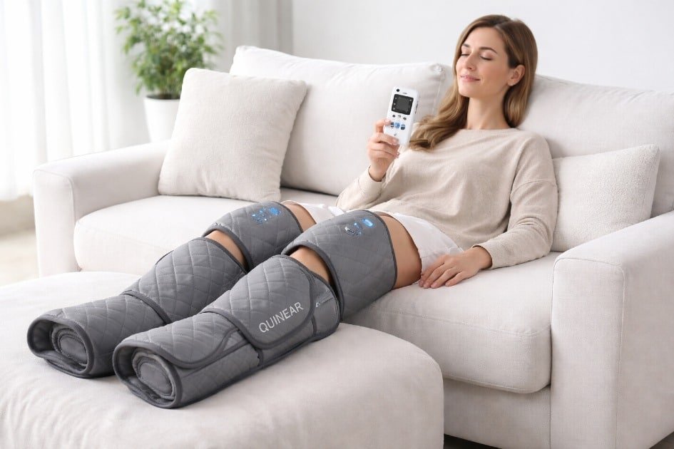 QUINEAR Cordless Leg Massager in action on legs for deep relaxation and improved circulation