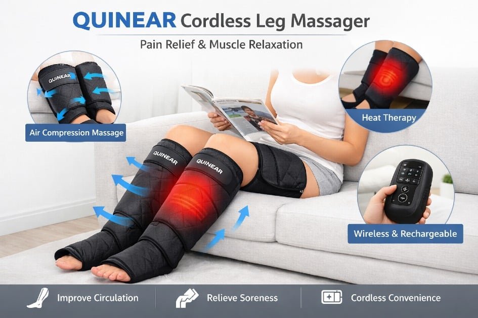 QUINEAR cordless leg massager in use on legs for pain relief and muscle relaxation