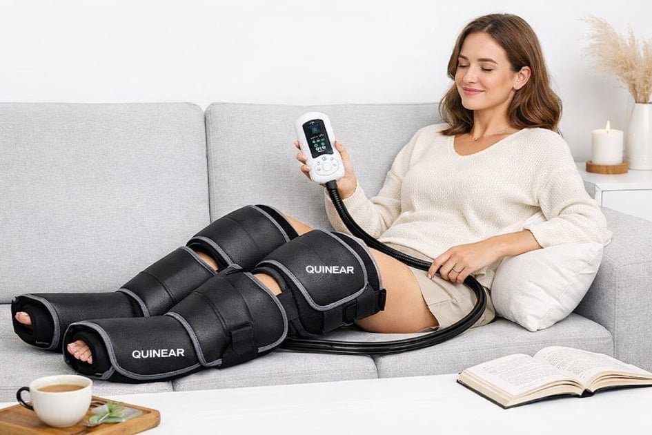 At-home leg therapy using QUINEAR massager
