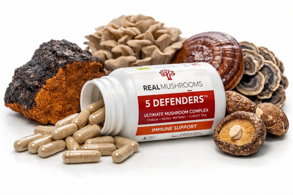 Close-up of Real Mushrooms 5 Defenders capsules highlighting natural ingredients