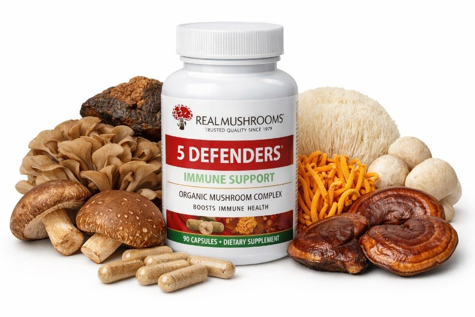 Real Mushrooms 5 Defenders immune-boosting capsules with fresh mushrooms