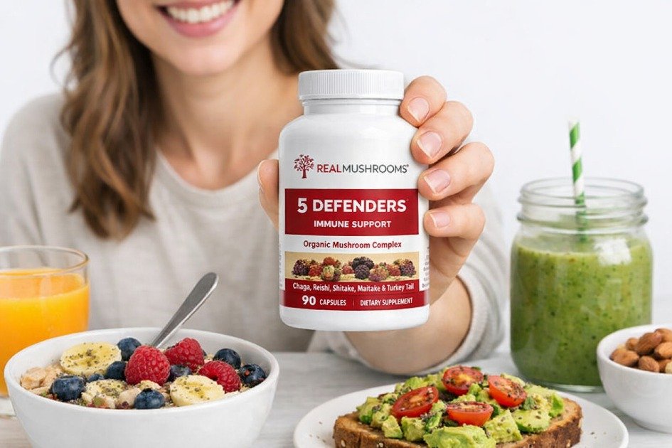 Person holding Real Mushrooms 5 Defenders with healthy breakfast