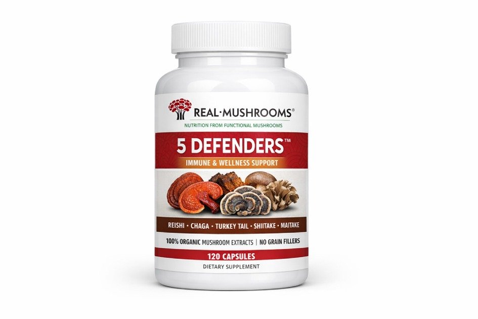Real Mushrooms 5 Defenders premium bottle with clear labeling