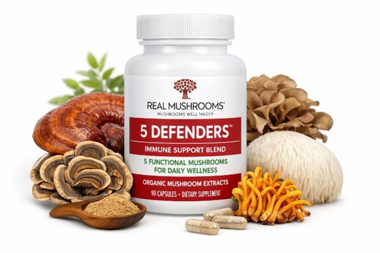 Real Mushrooms 5 Defenders immune support blend made with five functional mushrooms for daily wellness and natural defense.