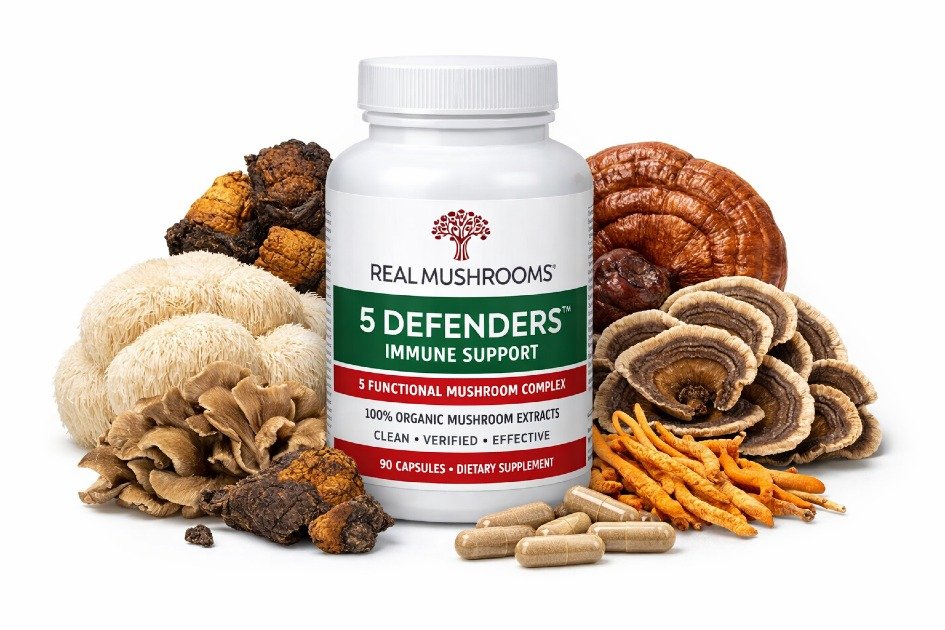 Real Mushrooms 5 Defenders immune support capsules made from five functional mushrooms
