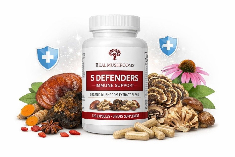 Real Mushrooms 5 Defenders capsules boosting immune health naturally