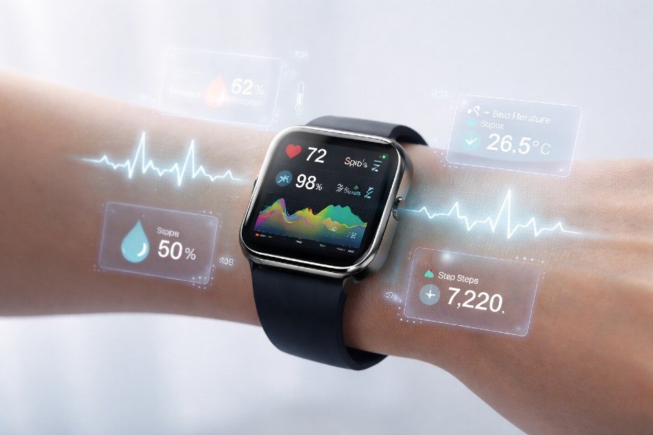 Wearable device tracking vital signs on a user’s wrist, visualizing passive health monitoring trends.