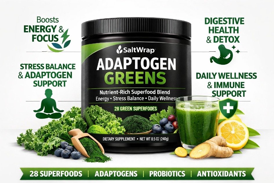 SaltWrap Adaptogen Greens powder showing nutrient-rich superfood blend that supports energy, stress balance, digestion, and daily wellness.