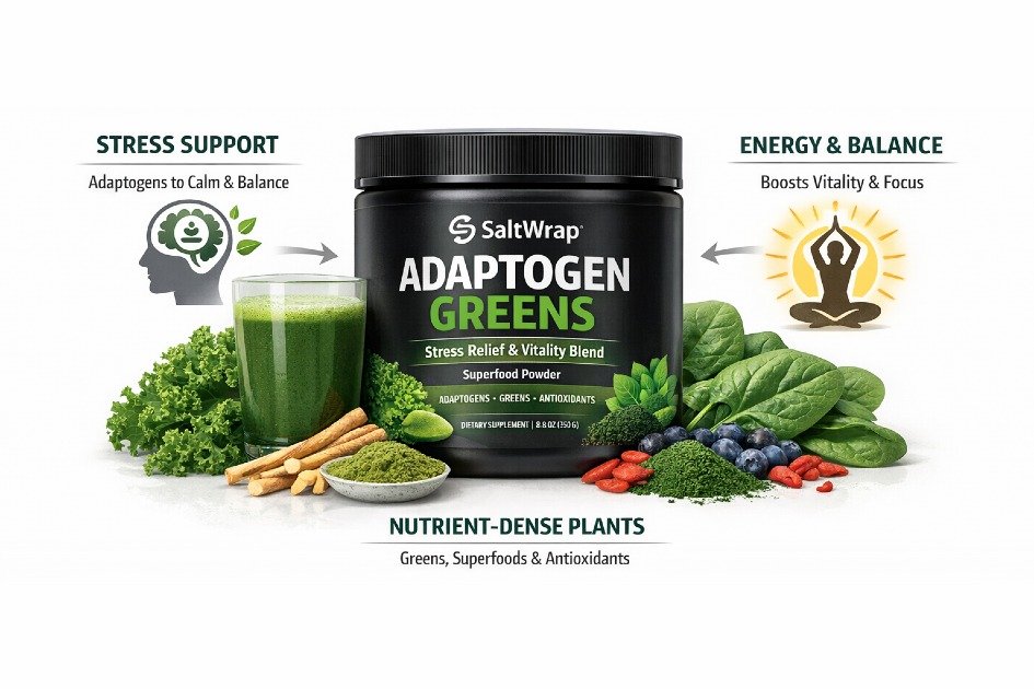 SaltWrap Adaptogen Greens superfood powder showing key benefits like stress support, energy balance, and nutrient-dense plant ingredients