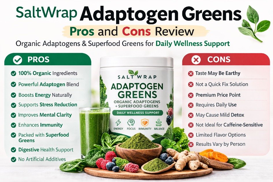 Pros and cons of SaltWrap Adaptogen Greens supplement with organic adaptogens and superfood greens for daily wellness support