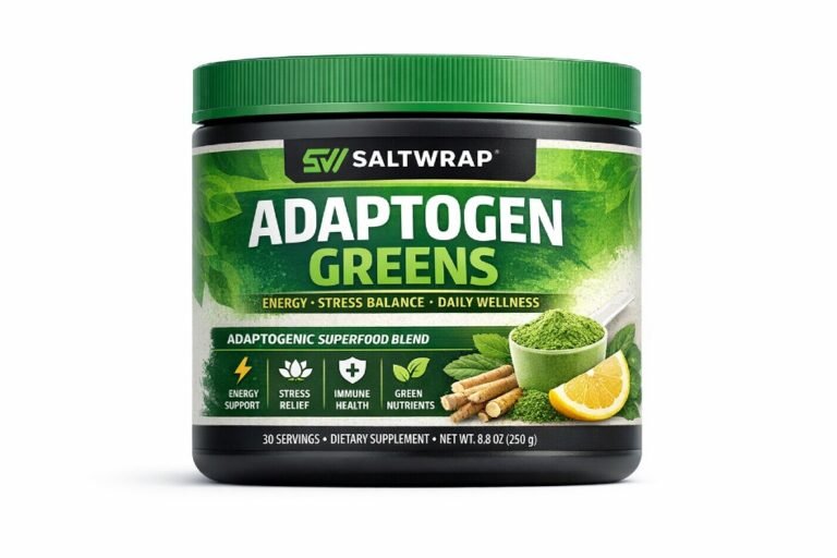 SaltWrap Adaptogen Greens superfood powder designed to support energy, stress balance, and daily wellness