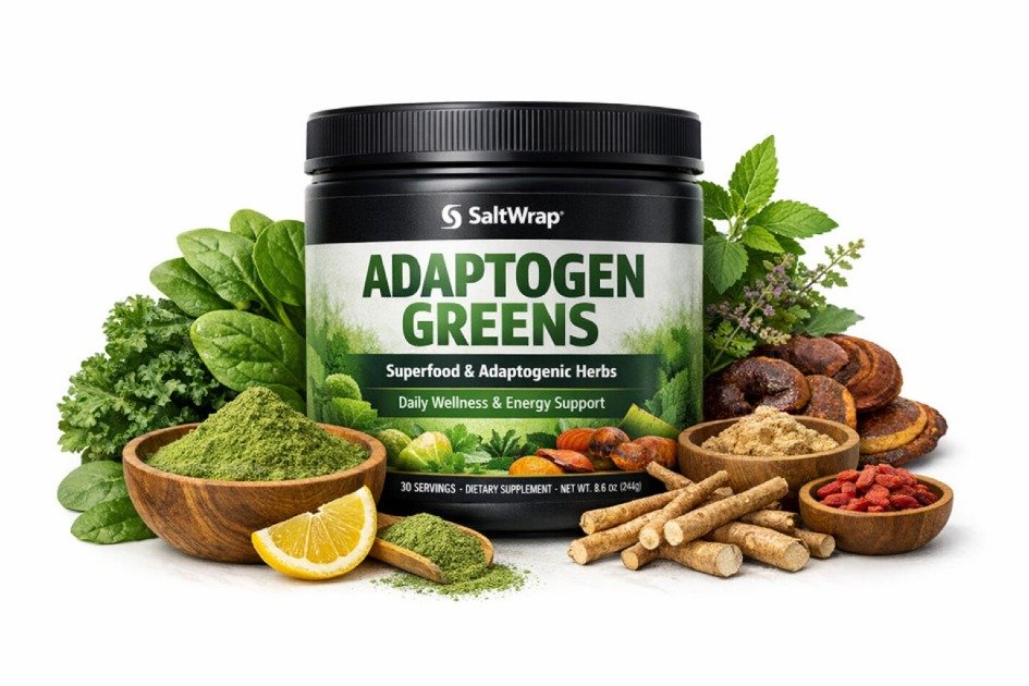 SaltWrap Adaptogen Greens superfood powder with natural adaptogenic herbs and greens for daily wellness and energy support