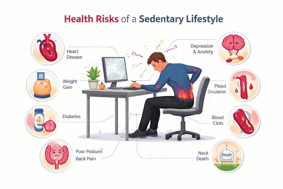 Person sitting for long hours at a desk, highlighting the health risks of a sedentary lifestyle