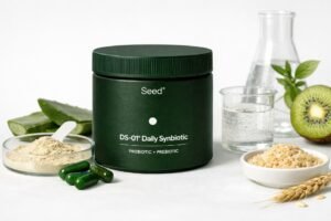 Seed DS-01 Daily Synbiotic bottle with capsules highlighting gut health support