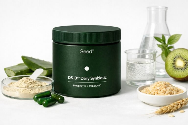 Seed DS-01 Daily Synbiotic bottle with capsules highlighting gut health support