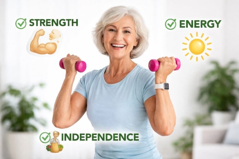 Senior woman performing resistance exercises with perfect form, boosting strength and energy.