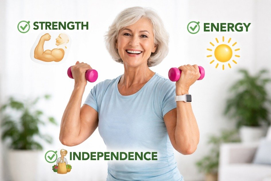 Senior woman performing resistance exercises with perfect form, boosting strength and energy.