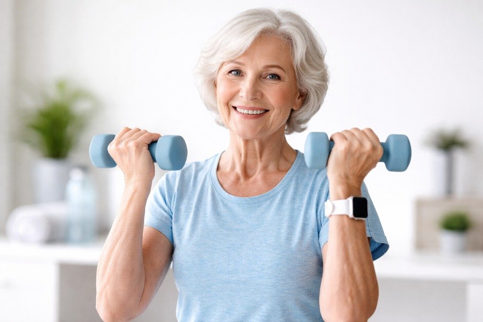 Senior woman lifting dumbbells safely to build strength and stay healthy