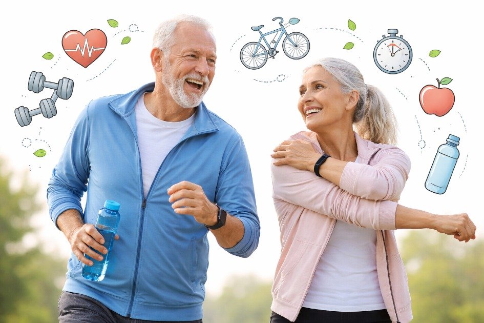 Active senior couple exercising outdoors for health and longevity