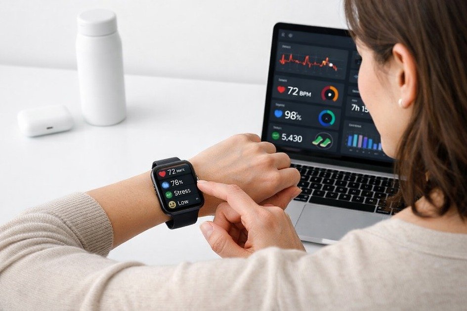 Woman checking health metrics on a smartwatch with minimal devices on a sleek desk