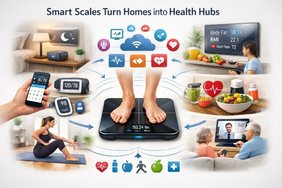 Smart scale displaying body metrics in a modern home setting
