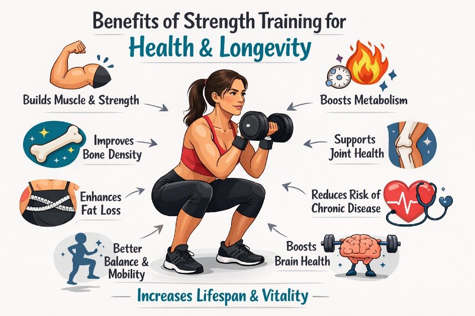 Woman lifting weights in gym illustrating benefits of strength training for health and longevity