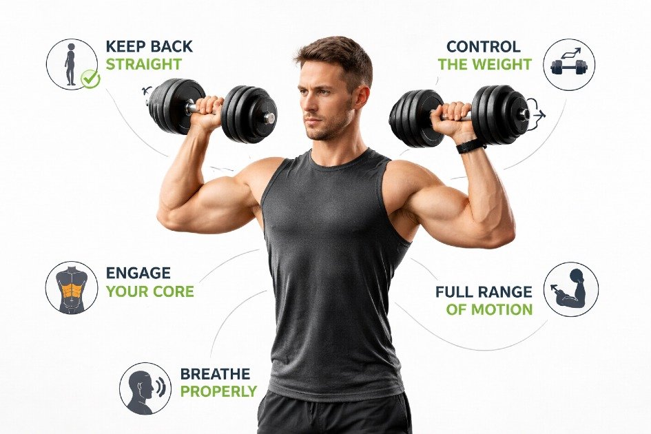 Man lifting dumbbells with proper form, demonstrating effective strength training techniques.