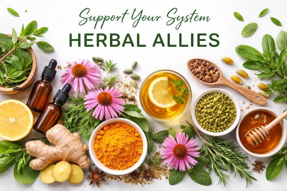 Natural herbal remedies like echinacea, turmeric, and ginger supporting immunity and wellness