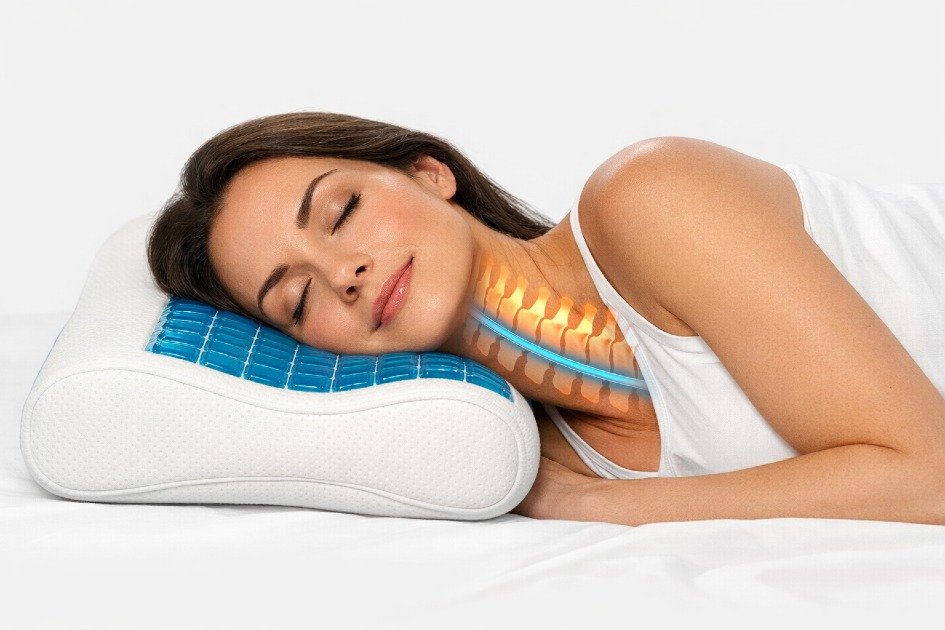 Ergonomic Technogel Contour Pillow supporting neck and head for deep, restorative sleep.