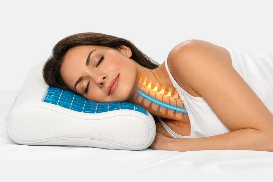 Ergonomic Technogel Contour Pillow supporting neck and head for deep, restorative sleep.