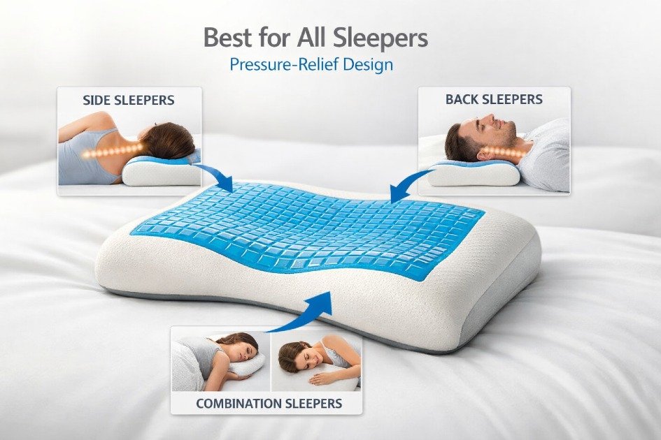 Ergonomic Technogel Contour Pillow on a bed highlighting its pressure-relief design for side, back, and combination sleepers