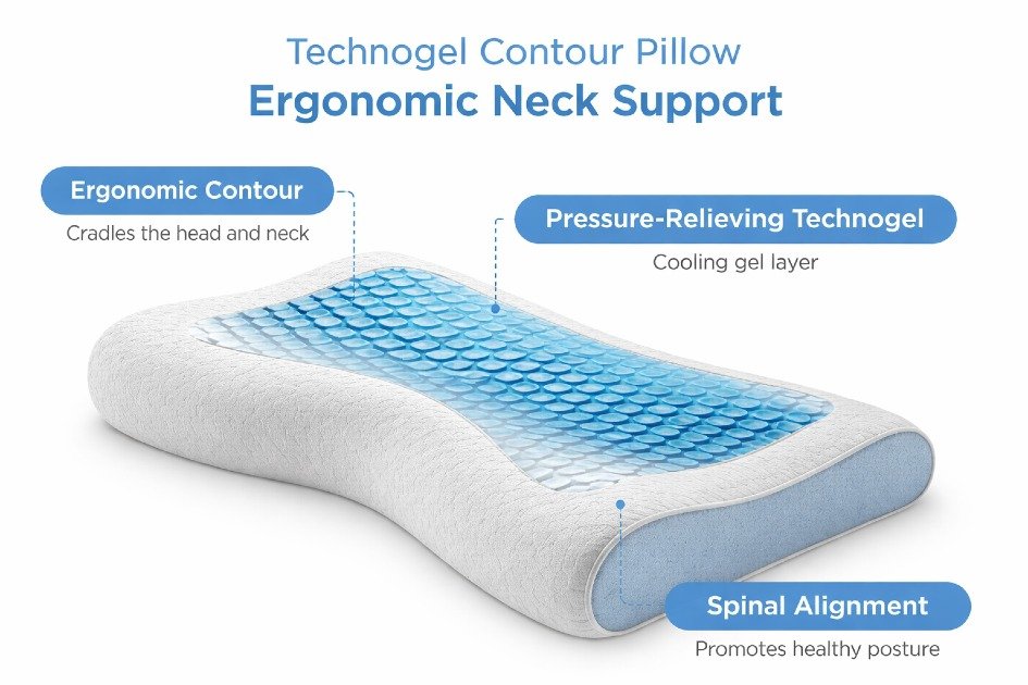 Technogel Contour Pillow showcasing ergonomic design for optimal neck support, pressure relief, and spinal alignment during sleep