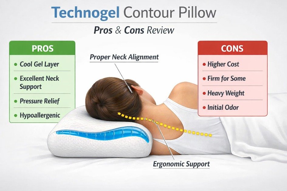 Ergonomic Technogel Contour Pillow supporting neck alignment with highlighted pros and cons for better sleep posture