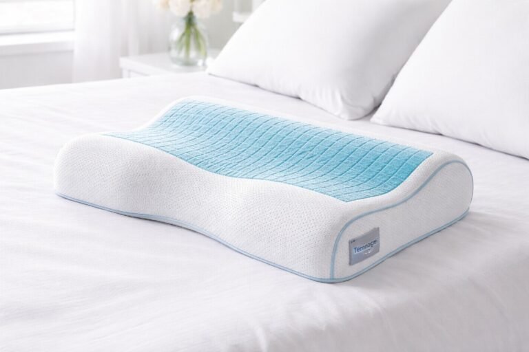 Technogel Contour Pillow on a bed, showing ergonomic design for neck and head support.