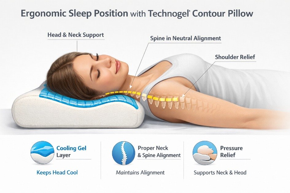 Ergonomic sleep position with Technogel Contour Pillow supporting neck and head alignment.
