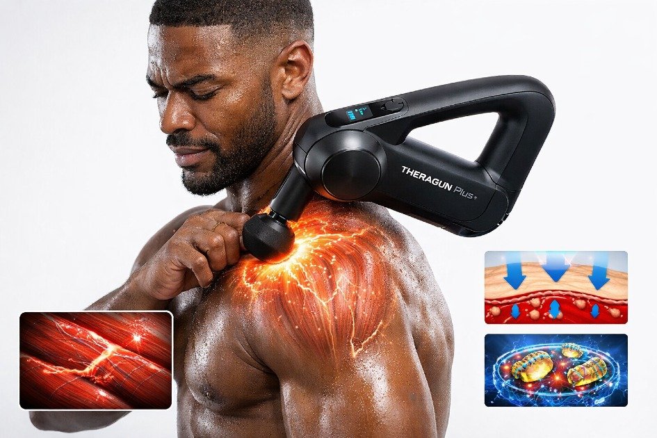 Theragun PRO Plus in use on an athlete’s shoulder showing deep muscle recovery benefits.